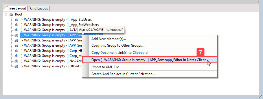 To deal with empty groups, right-click and open in your Notes clients