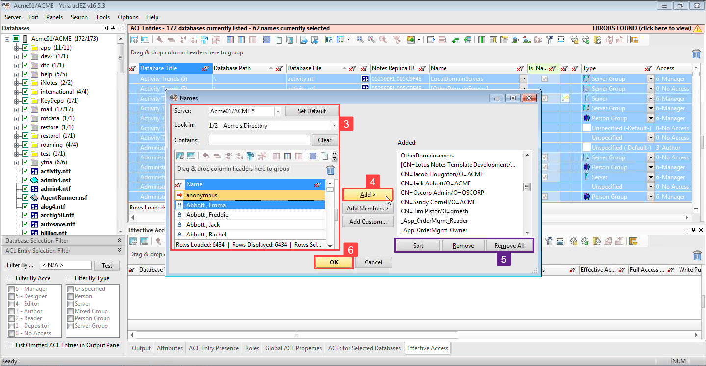 Select the NAB and the names to check effective access for