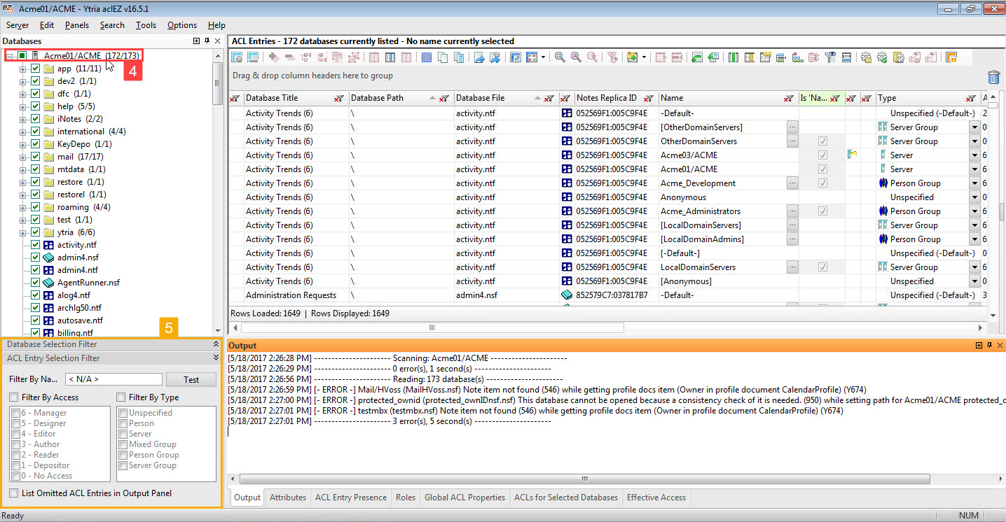 Select to load the ACL entries from the entire server or a selection of databases (proper access rights required)
