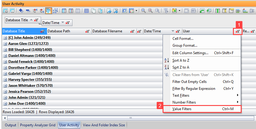 Use a Value filer on the column 'User'