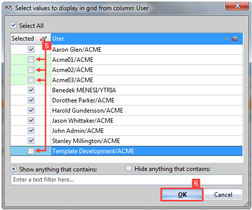 Uncheck the checkboxes of the user names you do not want to show
