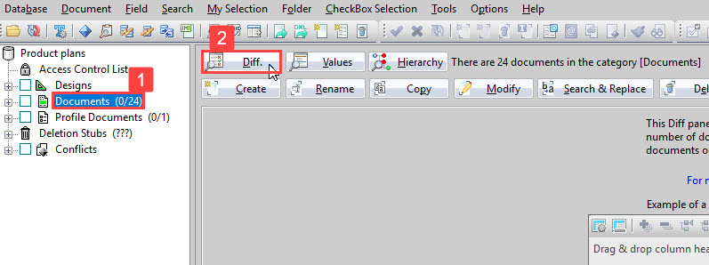 The 'Diff' operation will only be preformed on the focused documents. In this case, all documents will be analyzed
