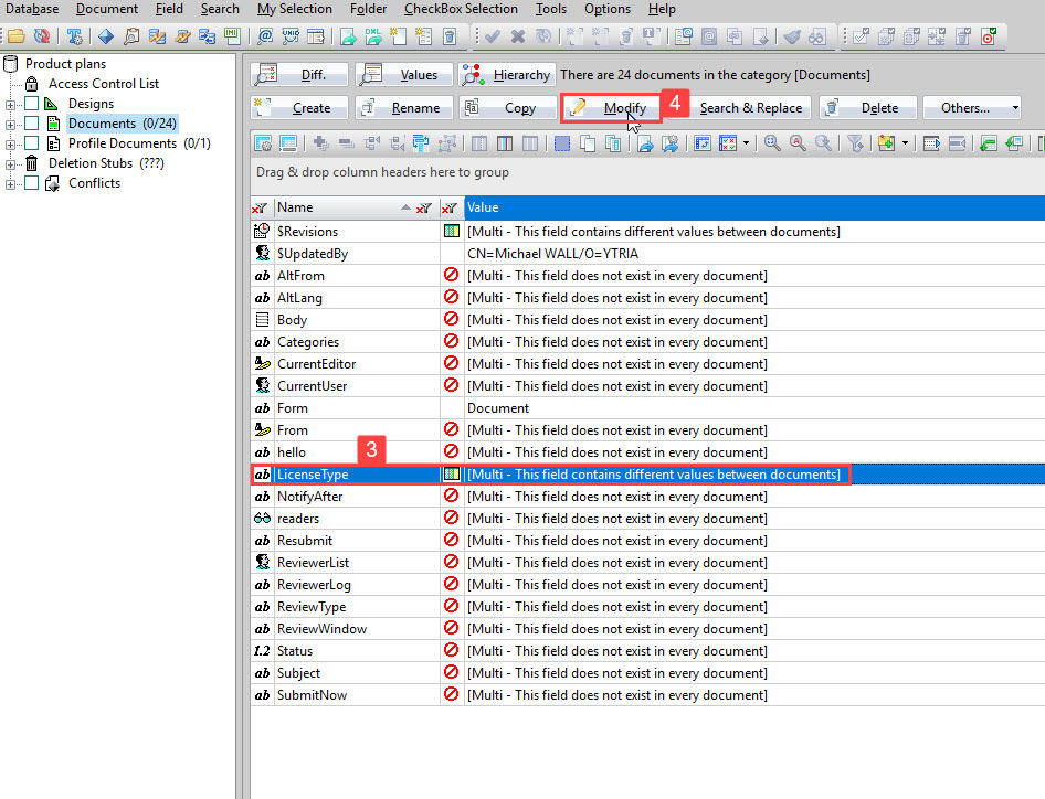 The Diff panel shows a summary of items in the documents analyzed as well as the value status across the documents