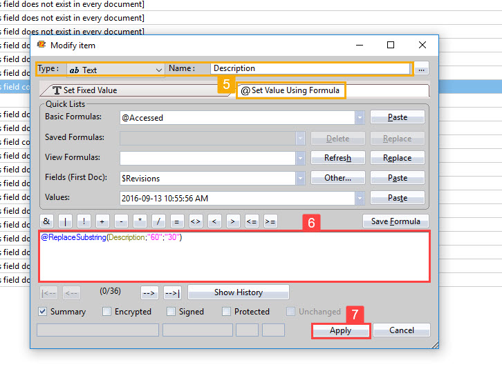 From the 'Modify item' dialog, you can use a formula to replace a given substring within an item value