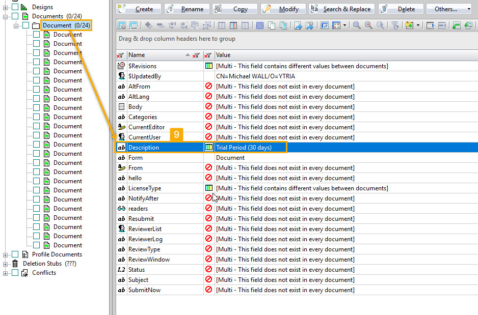 The Diff panel will reflect changes in the item values if the end result is uniform item values
