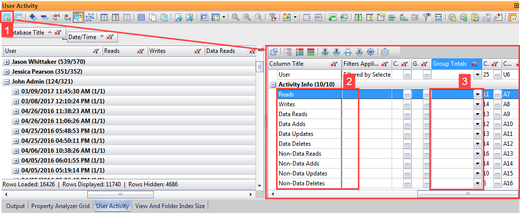 The User Activity grid will let you see the total of Data and Non-Data activity instances