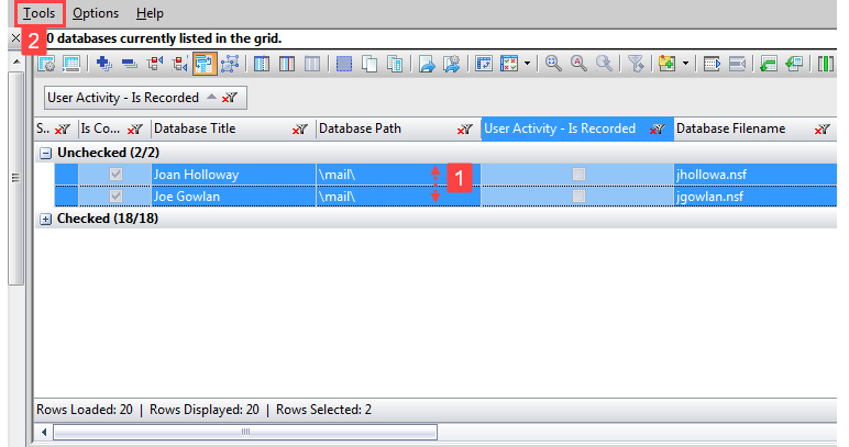 Select the grid entries for the databases whose user activity recording you want to enable