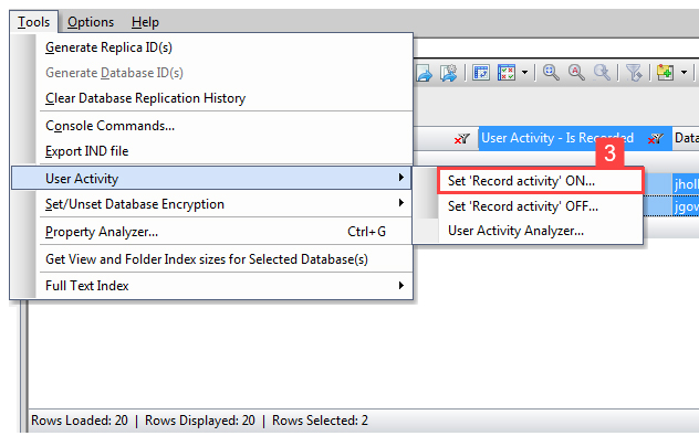 Select the 'User Activity' then 'Set Record activity ON' menu option.