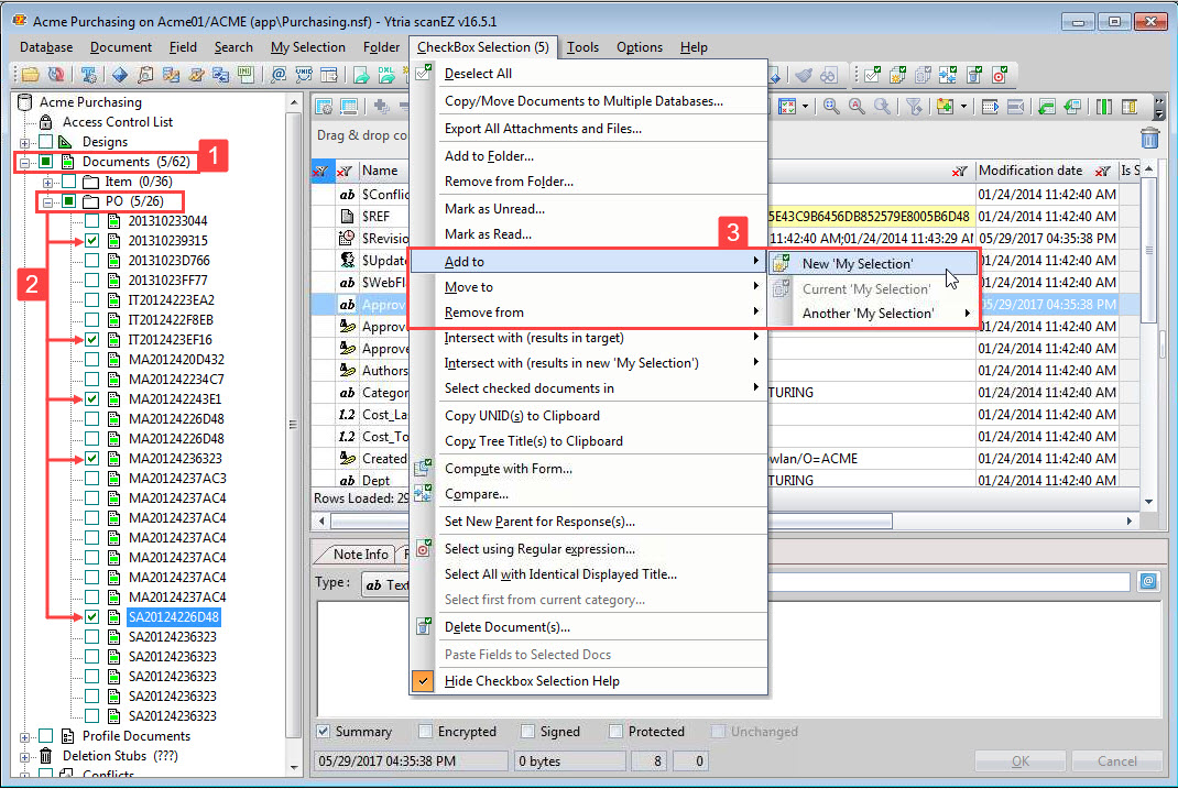 Expand the 'Documents' category, find and checkbox select you documents then put them into a new My Selection folder