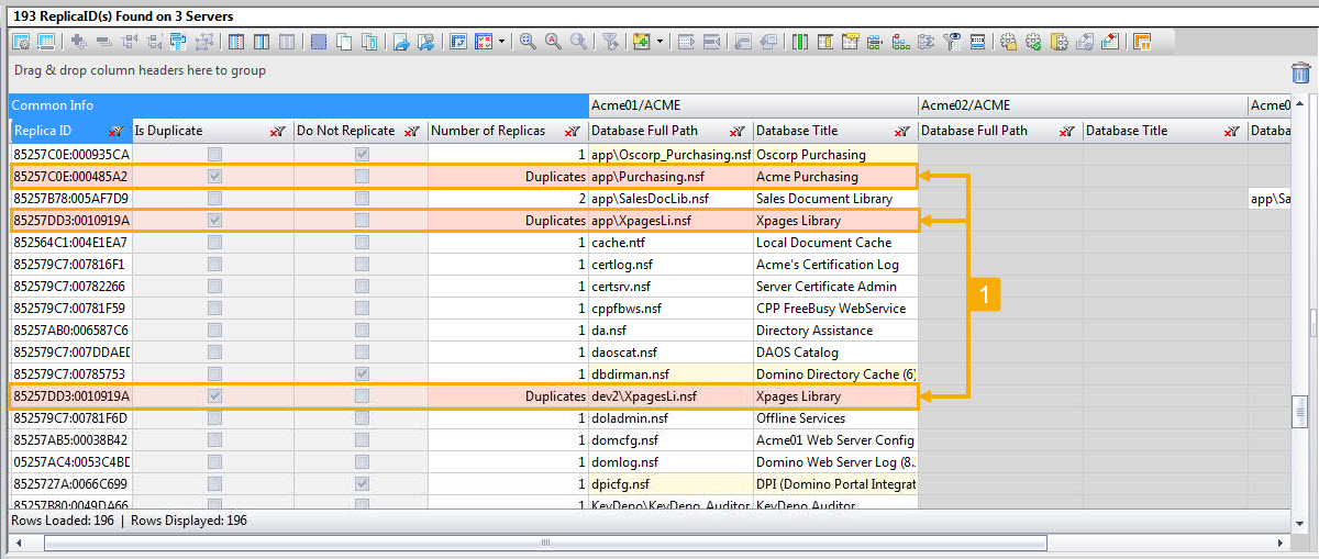 Duplicate databases are automatically indicated in the main grid