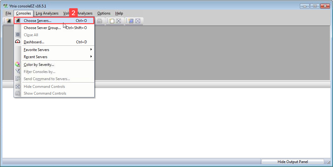 From the consoleEZ interface, select the 'Choose Servers' option from the 'Consoles' menu