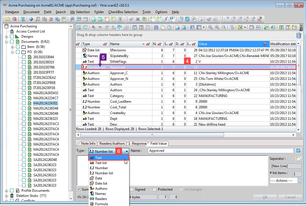 Verify the current item type and select the new type to set. The value can be changed in the lower section of the interface