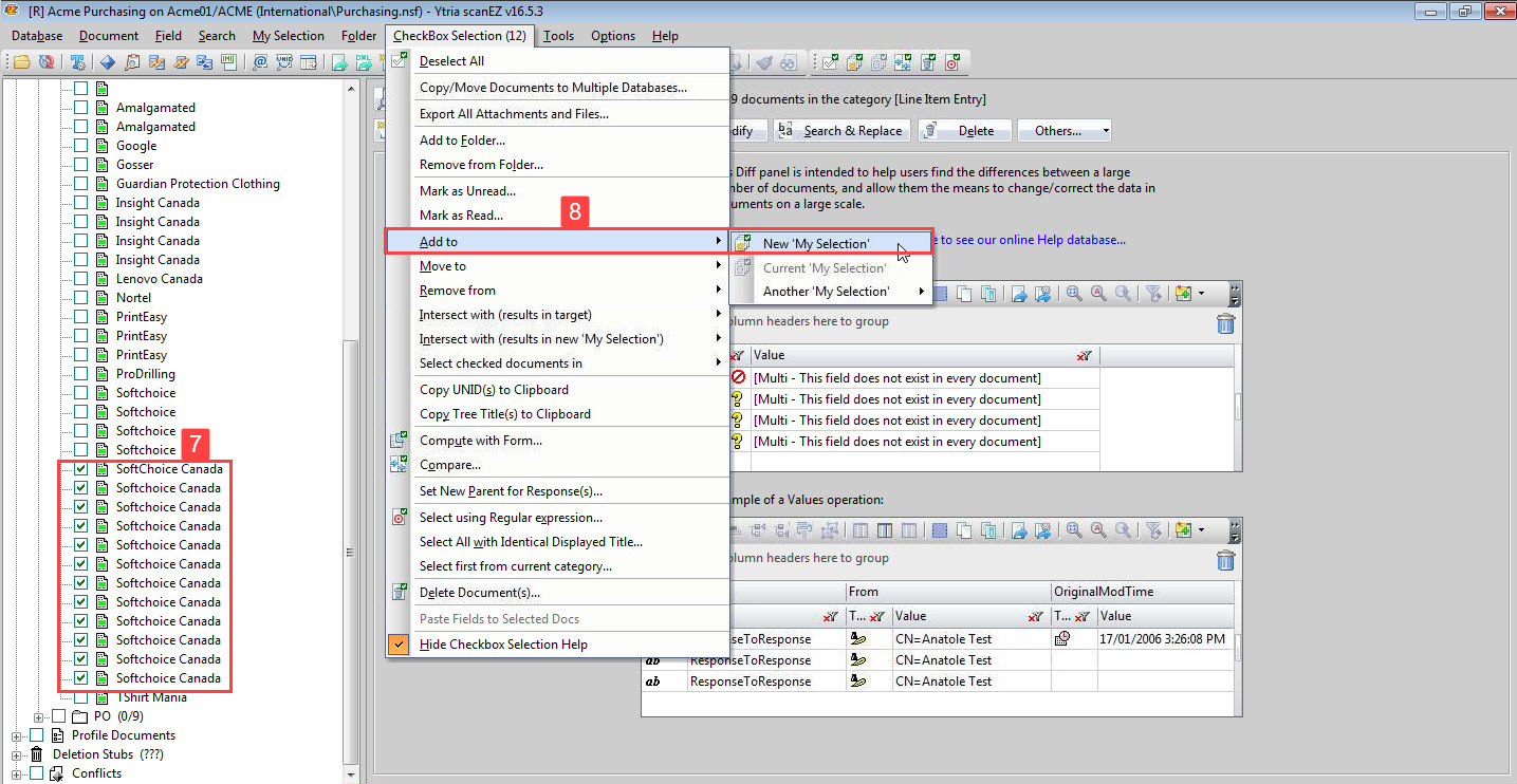Choose the document that you want to process using the checkboxes next to the document's tree entry.