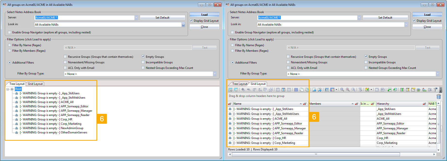 Empty groups are shown in both tree and grid layouts