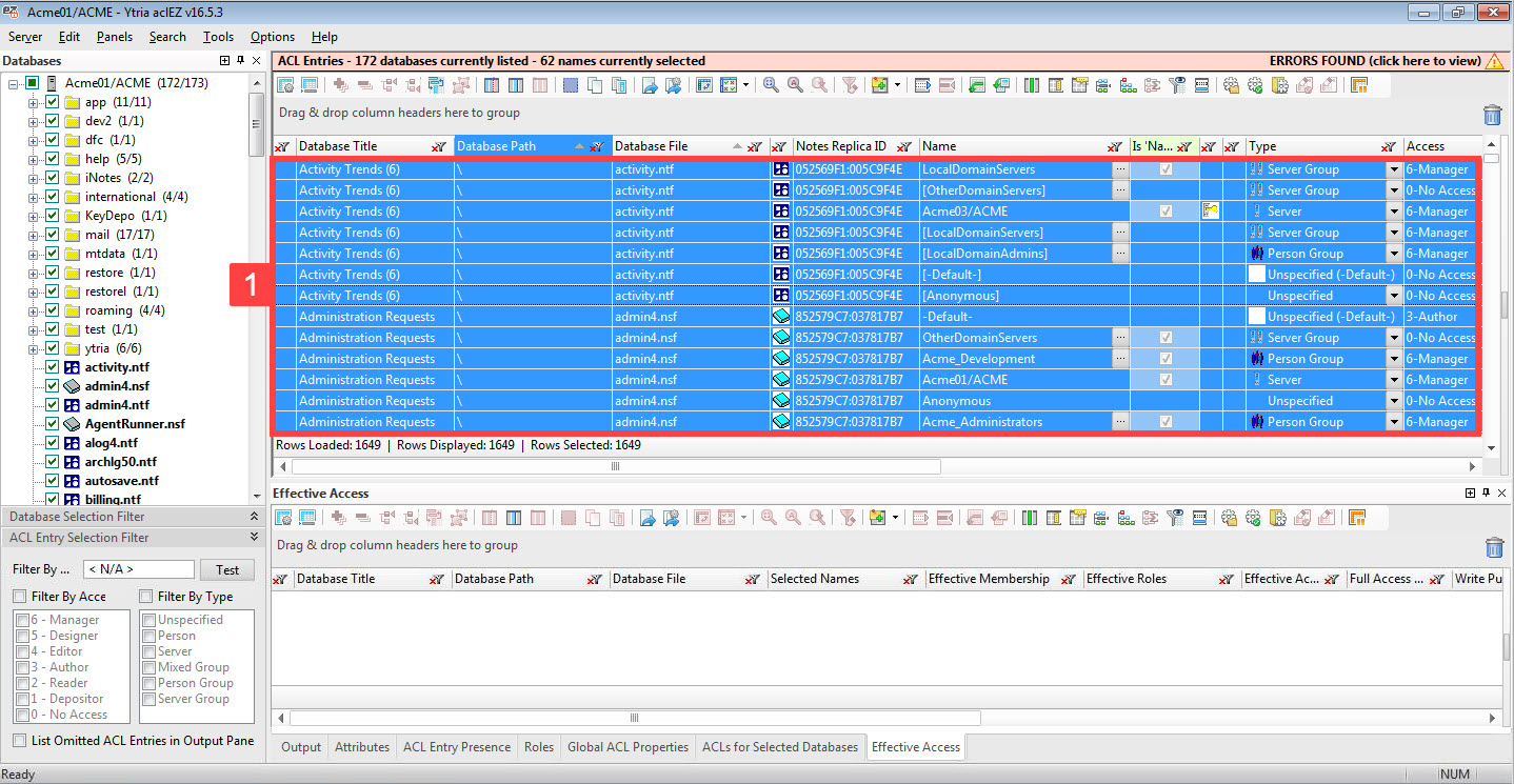 The rows in aclEZ's main grid represent ACL entries.