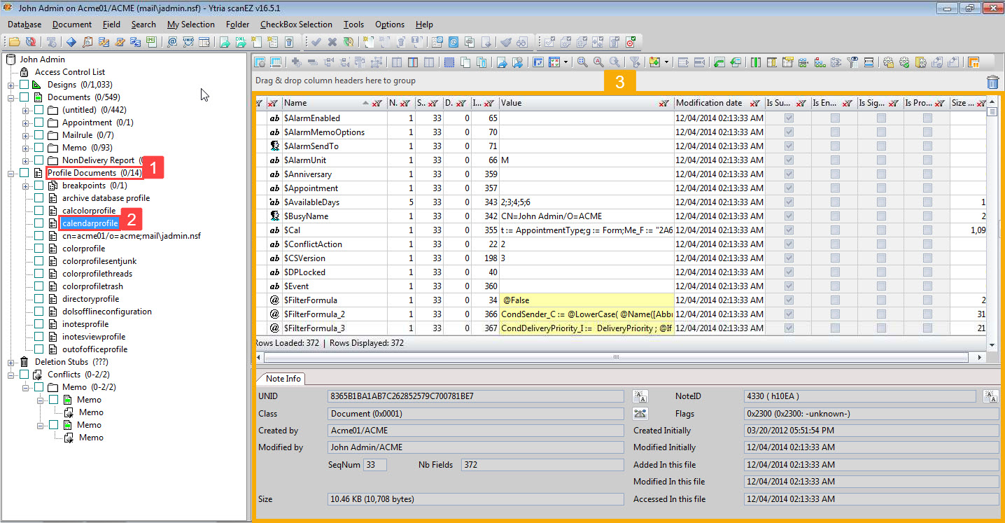 Find and select the 'calendarprofile' node found within the 'Profile Documents' category in the tree and instantly see all data