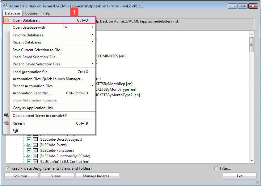 Change databases by selecting the 'Open Database' option from the 'Database' menu