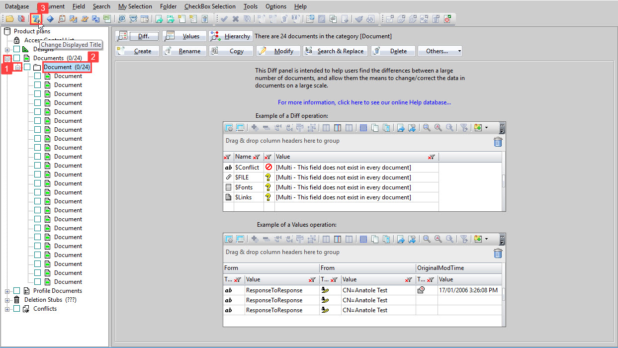 You must first expand the selection tree to show the sub-category of documents before changing the displayed title